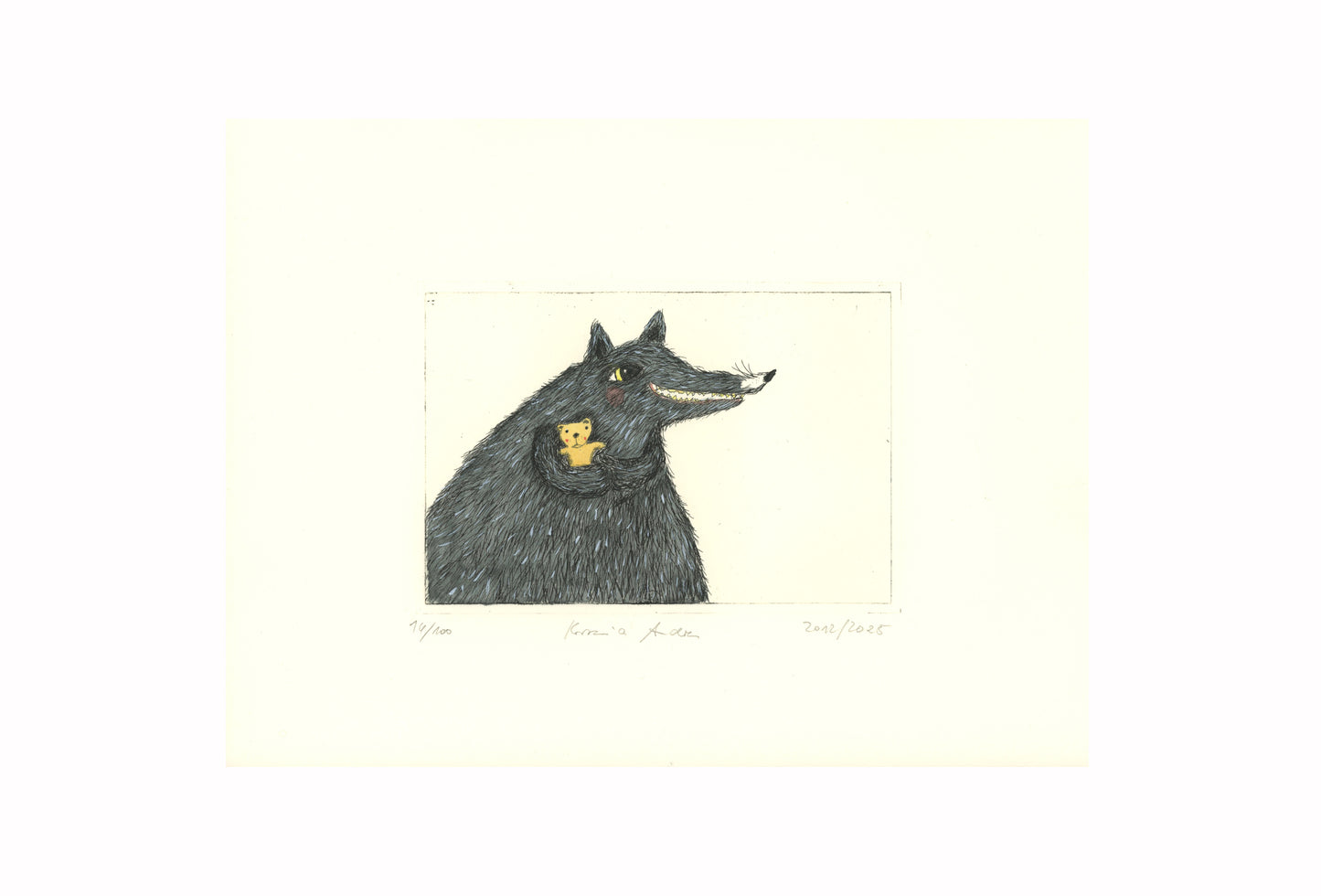 Druckgrafik "Wolf mit Teddy"