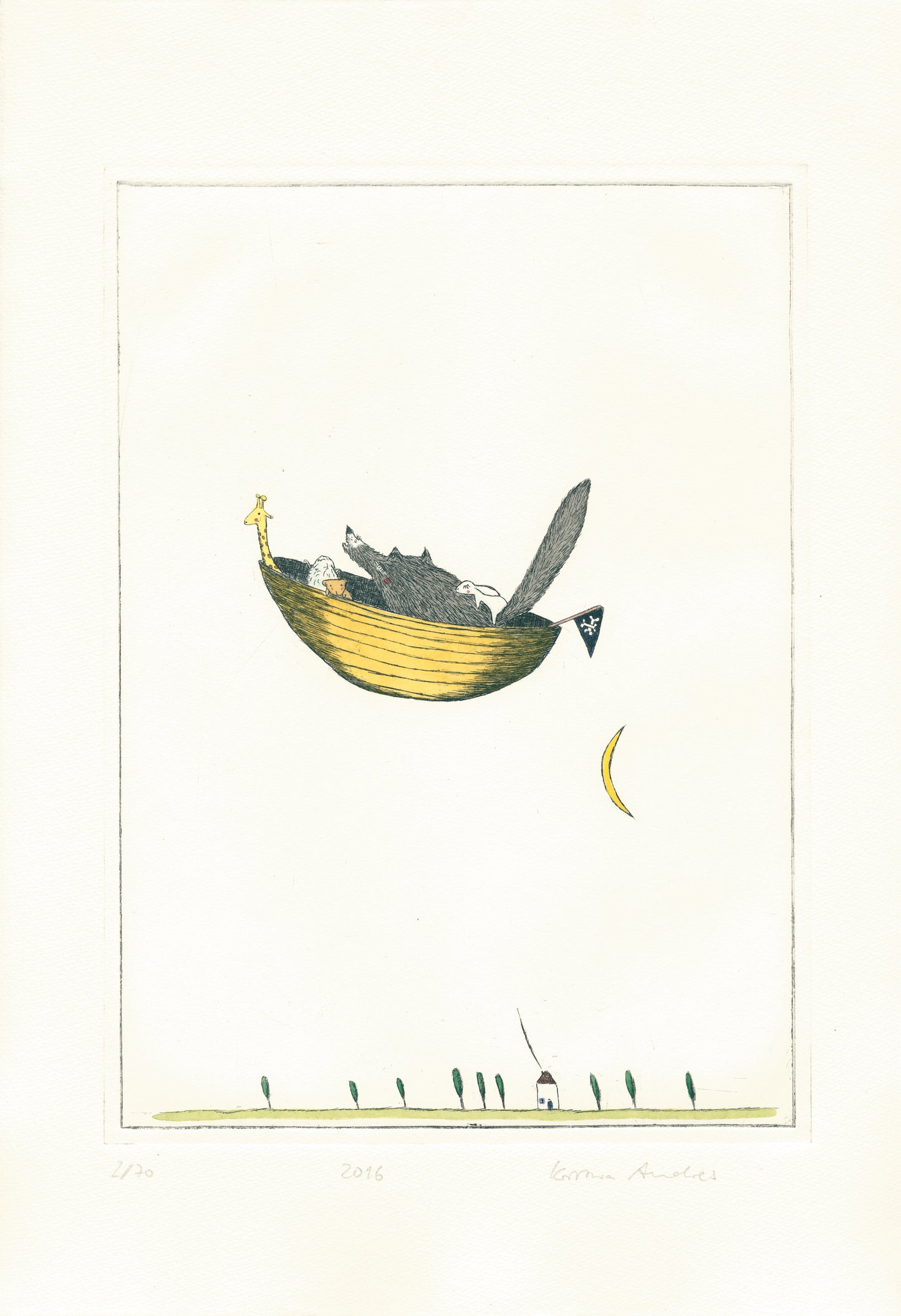 Druckgrafik "Wolf im Boot"