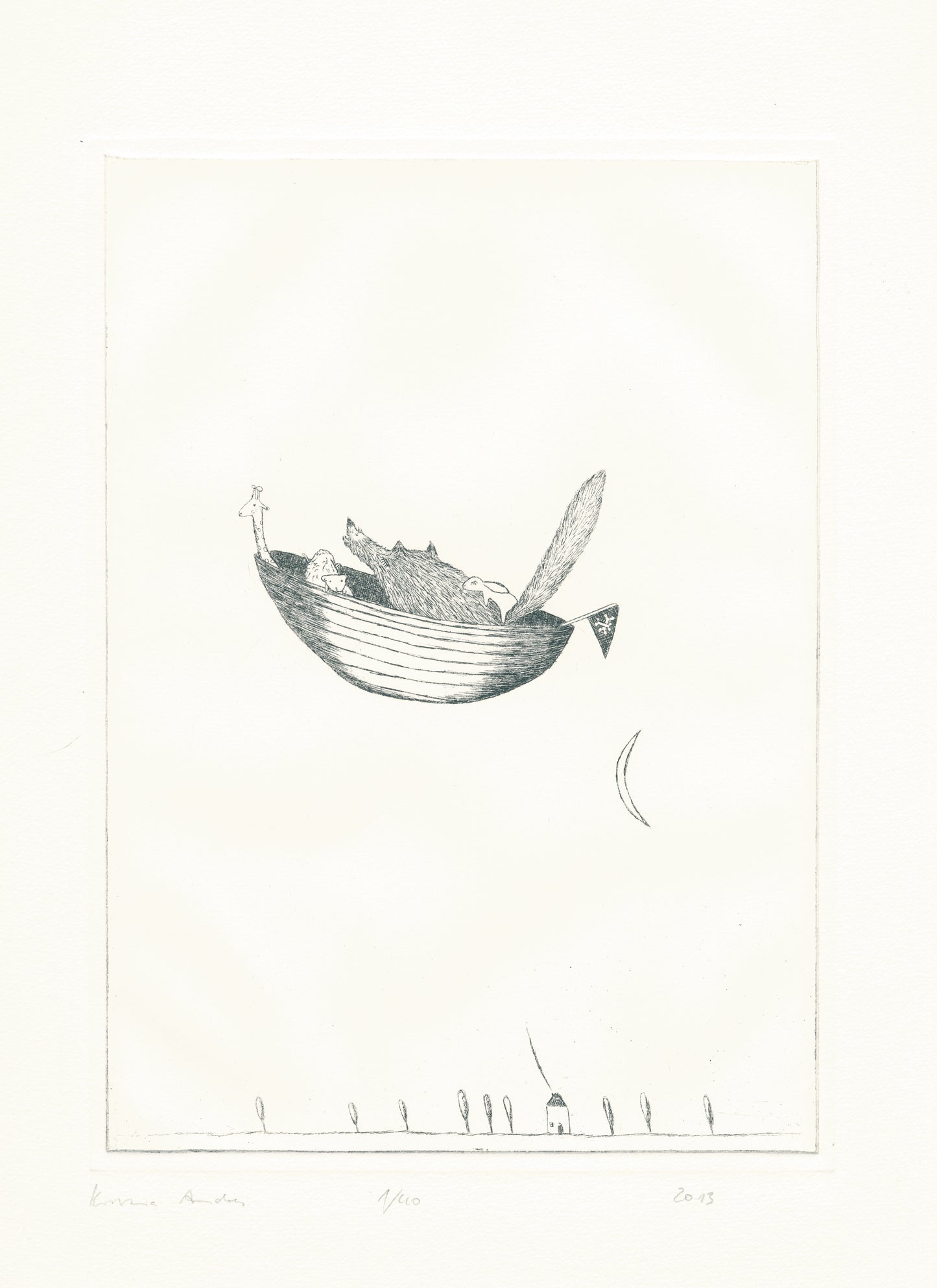 Druckgrafik "Wolf im Boot"
