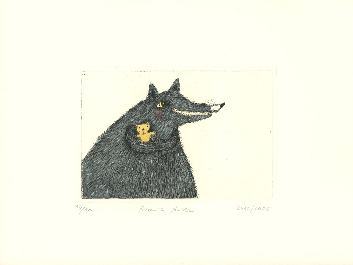 Druckgrafik "Wolf mit Teddy"