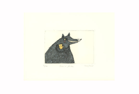 Druckgrafik "Wolf mit Teddy"