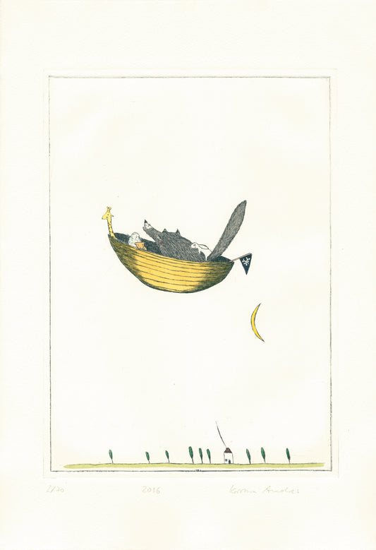 Druckgrafik "Wolf im Boot"