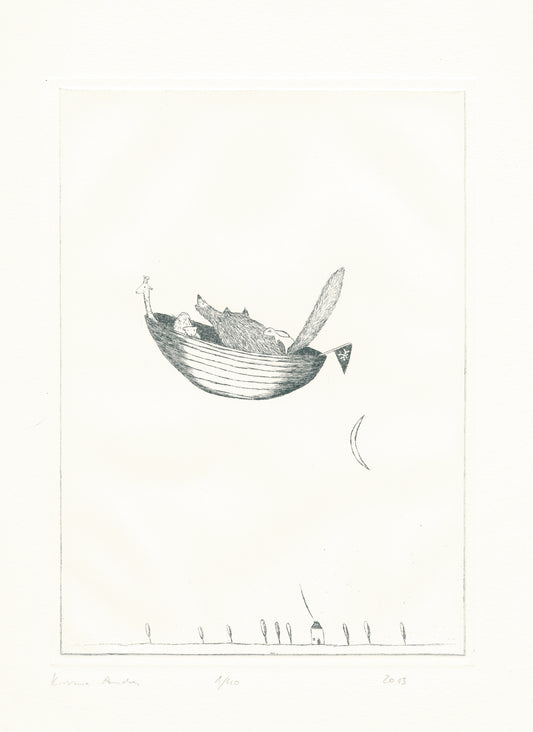 Druckgrafik "Wolf im Boot"