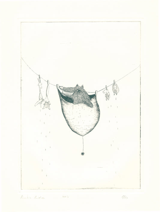 Druckgrafik "Wolf in der Mütze"